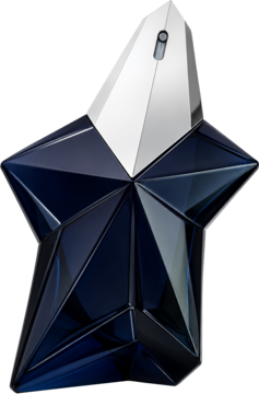 Angel Elixir Mugler, perfumy damskie w ciemnoniebieskim, gwieździstym flakonie z metaliczną nakrętką, widok z przodu.