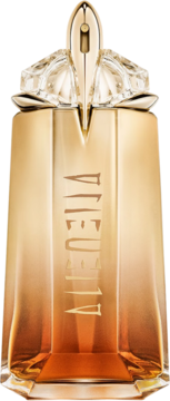 Złota butelka perfum Alien Goddess Intense EDP, stożkowa, z ozdobnym, złotym korkiem i napisem Alien. Widok z przodu.