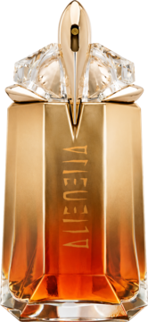Alien Goddess Intense EDP: złota, fasetowana butelka z bursztynowym płynem i ozdobną, kryształową zakrętką.
