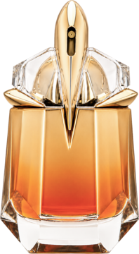 Alien Goddess Intense woda perfumowana w złoto-bursztynowej butelce o krystalicznym, geometrycznym kształcie.