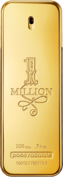 Paco Rabanne 1 Million EDT, złota butelka-sztabka z wytłoczonym logo i nazwą, 200ml, widok z przodu.