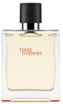 Męska woda toaletowa Terre d'Hermès. Przezroczysta butelka z bursztynowym płynem, czarna nakrętka, widok z przodu.