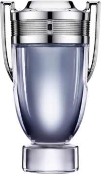 Paco Rabanne Invictus, męski zapach w szklanej butelce trofeum z srebrnymi detalami i jasnoniebieskim płynem.