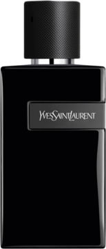 Męska woda perfumowana YSL Y Le Parfum w czarnej, prostokątnej butelce z teksturowaną nakrętką i srebrnym napisem.