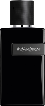 YSL Y Le Parfum, intensywna woda perfumowana. Czarna butelka, teksturowana zakrętka, logo YSL. Widok z przodu.