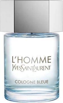 Woda toaletowa YSL L'Homme Cologne Bleue, błękitna szklana butelka z srebrnym korkiem, widok na etykietę.