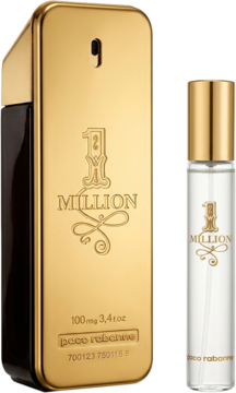 Zestaw męskiej wody toaletowej Paco Rabanne 1 Million: dwie złote butelki, 100ml i miniatura 20ml.