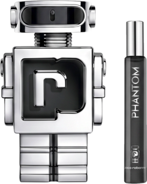 Zestaw Paco Rabanne Phantom: srebrna butelka w kształcie robota 100ml i czarna perfumetka 10ml na czarnym tle.