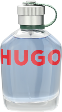 Hugo Man męskie perfumy, szklana butelka z niebieskim płynem, czerwony napis HUGO i srebrny korek z zieloną pętelką.