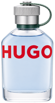 Hugo Man woda toaletowa, prostokątna butelka z przezroczystego szkła, czerwone logo, srebrna zakrętka z zieloną pętelką.