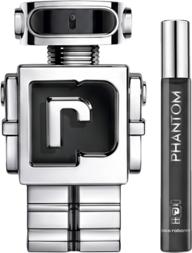 Zestaw męskich perfum Paco Rabanne Phantom EDT: futurystyczny srebrny flakon-robot i czarna miniatura 20ml.