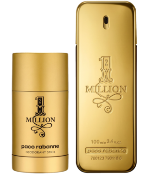 Złoty zestaw Paco Rabanne 1 Million: woda toaletowa w sztabce i dezodorant w sztyfcie na czerni.