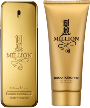 Złoty zestaw Paco Rabanne 1 Million dla mężczyzn: woda toaletowa 100ml i żel pod prysznic, widok z przodu.