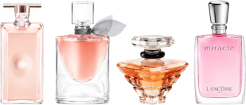 Zestaw 4 miniatur perfum Lancôme: Idôle, La Vie Est Belle, Trésor i Miracle, w różowych i bursztynowych butelkach.