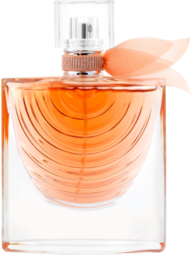 La Vie Est Belle Iris Absolu perfumy Lancome. Przezroczysty flakon z pomarańczowym płynem i brzoskwiniową kokardą, widok z przodu.