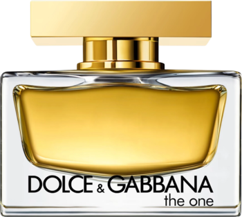 Dolce & Gabbana The One orientalno-kwiatowa woda perfumowana, złoty płyn w szklanej butelce, złoty korek, widok z przodu.