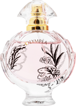 Paco Rabanne Olympéa Blossom woda perfumowana, przezroczysty flakon z różowym płynem i czarnymi wzorami, złote detale.