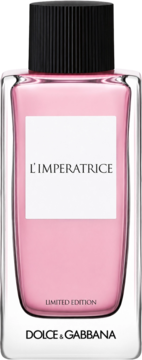 Dolce & Gabbana L'Imperatrice Limited Edition woda toaletowa, różowy płyn w szklanej butelce, czarny korek, widok z przodu.