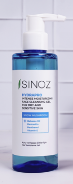 Sinoz HYDRAPRO intensywnie nawilżający żel do twarzy dla suchej skóry, niebieska butelka, widok z przodu.