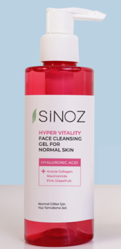 SINOZ Hyper Vitality Face Cleansing Gel, pink liquid in clear bottle, white pump, front view on blue.