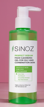 SINOZ Perfect Sebum żel do twarzy z kwasem salicylowym i niacynamidem, zielona butelka z pompką, na różowym tle.