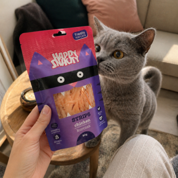 Happy Snacky Mini paski z kurczaka, purpurowe opakowanie z kocim motywem, dłoń trzyma, kot przygląda się.