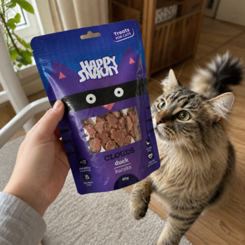 Ręka trzyma fioletowe chmurki z kaczki Happy Snacky dla kota, puszysty kot z zaciekawieniem patrzy na przysmak.