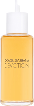 Zapas wody perfumowanej Dolce & Gabbana Devotion w przezroczystej butelce z bursztynowym płynem i białym korkiem, widok z przodu.