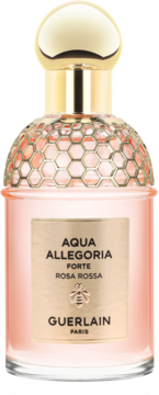 Woda perfumowana Guerlain Aqua Allegoria Forte Rosa Rossa, różowa butelka ze złotym korkiem, plastrem miodu i logo pszczoły.