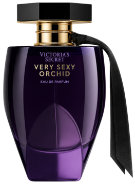 Victoria's Secret Very Sexy Orchid Eau de Parfum. Fioletowa, zakrzywiona butelka ze złotym korkiem i czarną wstążką, widok z przodu.