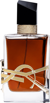 Libre Le Parfum YSL, bursztynowy perfum w szklanej butelce ze złotym logo i czarną nakrętką, widok z przodu.
