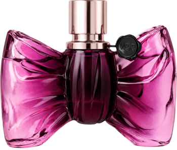 Bonbon Viktor&Rolf, butelka perfum w kształcie błyszczącej, różowej kokardy, z metalowym atomizerem, widok z przodu.