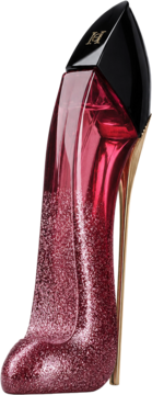 Very Good Girl Glam Carolina Herrera, perfumy w butelce-szpilce, czerwono-brokatowe z czarnym korkiem i złotym obcasem.