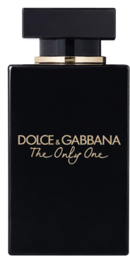 Matowa butelka czarnych perfum Dolce & Gabbana The Only One Intense ze złotym napisem, widok z przodu.