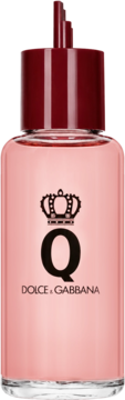 Różowa woda perfumowana Q by Dolce&Gabbana w szklanej butelce z czerwoną nakrętką ze szpicami, widok z przodu.