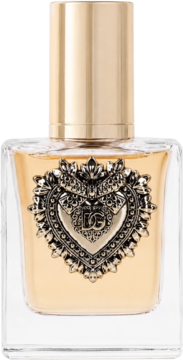 Dolce & Gabbana Devotion woda perfumowana. Przejrzysta butelka z bursztynowym płynem i zdobionym złotym sercem DG.