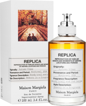 Maison Margiela Replica Autumn Vibes EDT 100ml, jesienny zapach, bursztynowy flakon i białe pudełko z leśnym motywem.