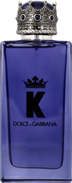 K by Dolce & Gabbana, męskie perfumy w ciemnoniebieskiej butelce z ozdobnym srebrnym korkiem w kształcie korony.
