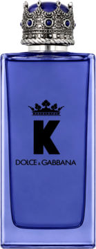 K by Dolce & Gabbana woda perfumowana, fioletowa butelka z ozdobnym korkiem-koroną, czarne logo K na środku.