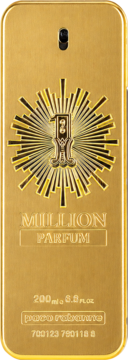 Złota butelka Paco Rabanne 1 Million Parfum 200ml dla mężczyzn, prostokątna z grawerowanym logo.
