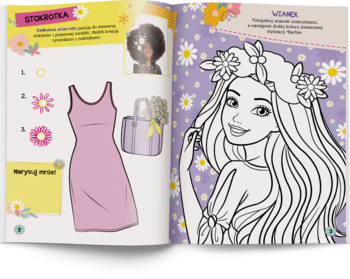 Książka z zadaniami Barbie Kwiaty, otwarta. Lewa strona pokazuje sukienkę, prawa Barbie z kwiatowym wiankiem do koloru.