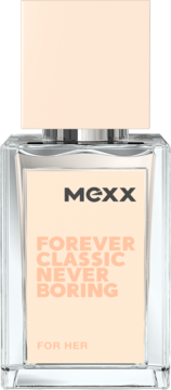 Przezroczysta butelka perfum MEXX Forever Classic Never Boring For Her z brzoskwiniową etykietą i nakrętką, widok z przodu.