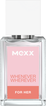 Woda toaletowa MEXX Whenever Wherever w przezroczystej butelce z białą nakrętką i różowo-koralową etykietą, widok z przodu.