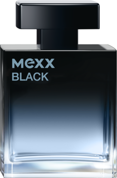 Mexx Black, męski zapach. Szklany flakon z czarnym ombre i widocznym niebieskim płynem, czarny korek, widok z przodu.