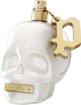 Police To Be Born To Shine damska woda perfumowana w białej butelce czaszki, złote logo Police i zawieszka P.