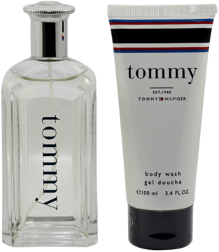 Męski zestaw Tommy Hilfiger Tommy: woda toaletowa w szklanej butelce i biały żel pod prysznic, widok z przodu.