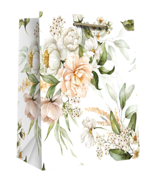 Ozdobna torba prezentowa z akwarelowym wzorem brzoskwiniowych piwonii i liści, białe tło, widok z przodu.