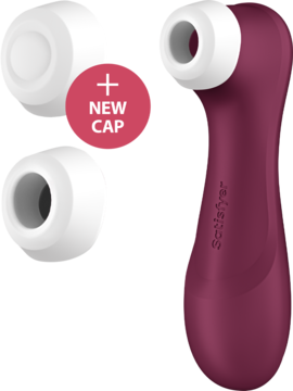 Satisfyer Pro 2 Generation 3 magenta massager z dwiema białymi nasadkami, w tym nową, z czerwoną etykietą.