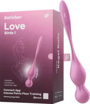 Różowe silikonowe kulki Kegla Satisfyer Love Birds 1, z funkcją Bluetooth i aplikacją, widok na produkt i opakowanie.