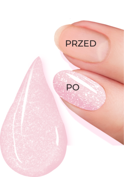 Bielenda Professional Nail Lab 10w1 odżywka Pearl Pink. Różowe paznokcie przed i po, obok połyskująca kropla.